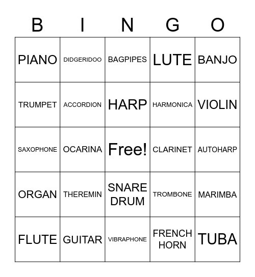 Instrument Bingo Card