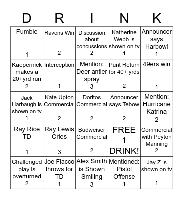 Super Bowl XLVII Bingo Card