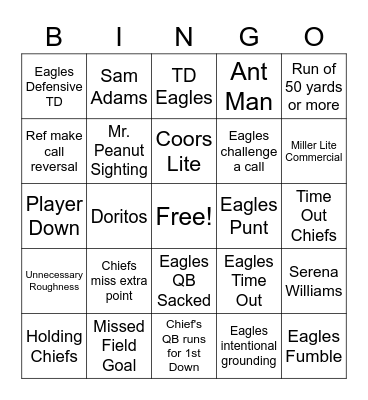 Superbowl LVII Bingo Card