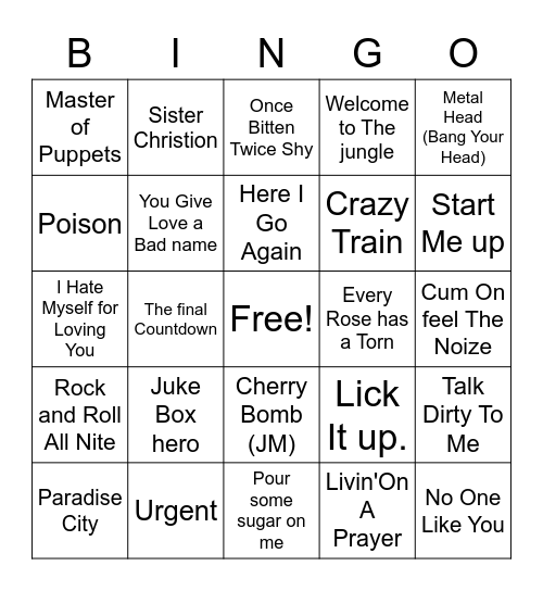 80's Rock Bingo Card