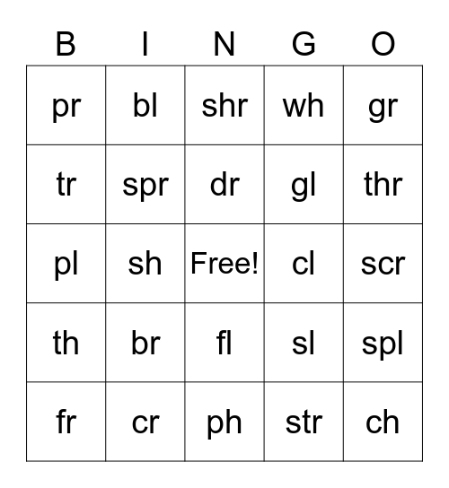 r and l blends (with digraph review) Bingo Card