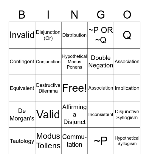 Propositional Logic Bingo Card