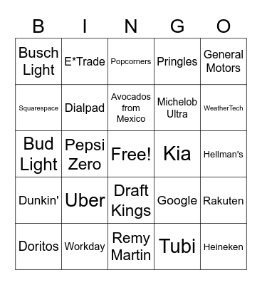 SUPERBOWL COMMERCIAL BINGO Card