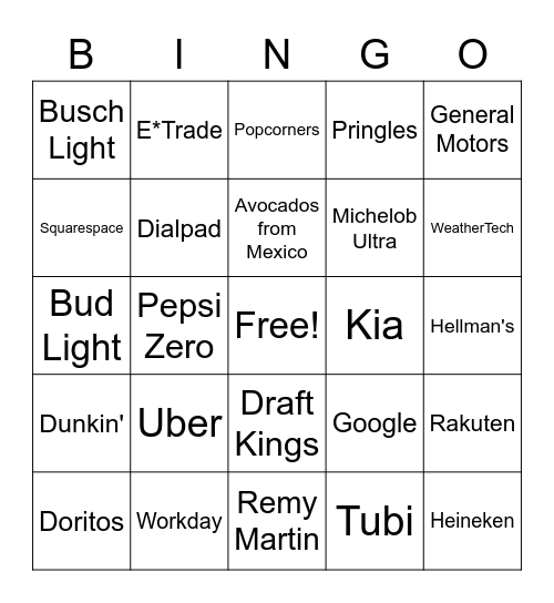 SUPERBOWL COMMERCIAL BINGO Card