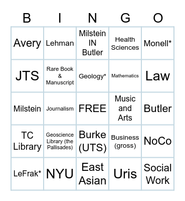 Columbia Library Affiliates Bingo Card