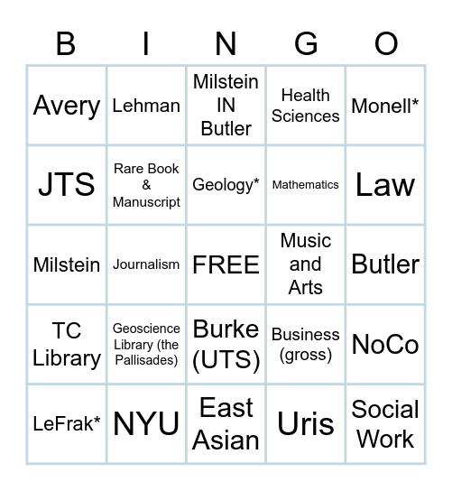 Columbia Library Affiliates Bingo Card