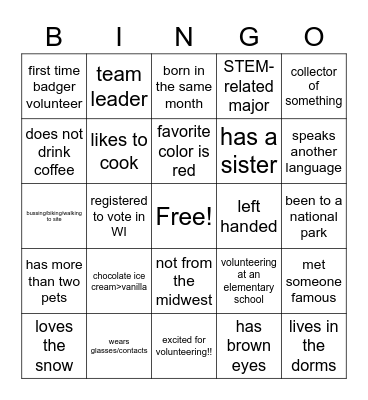 Orientation Bingo! Bingo Card