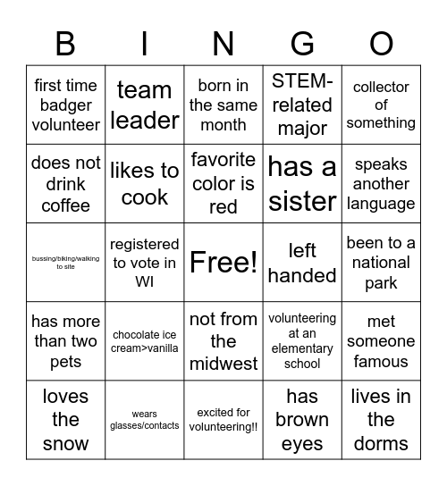 Orientation Bingo! Bingo Card
