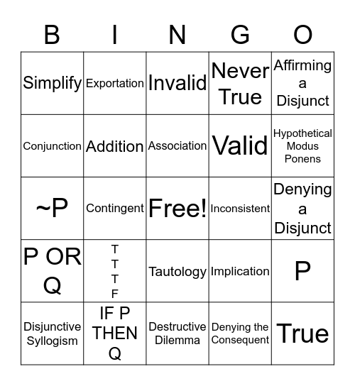 Propositional Logic Bingo Card