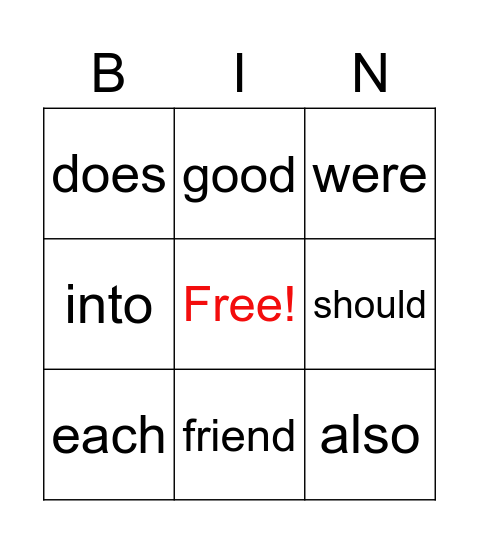 Level 1 Trick Words Bingo Card