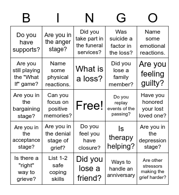 Grief and Loss Bingo Card