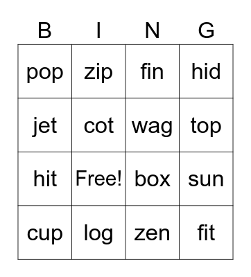 CVC Match Bingo Card