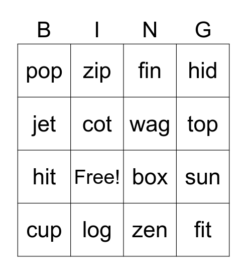 CVC Match Bingo Card