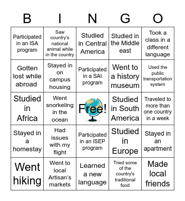 Education Abroad Bingo Card