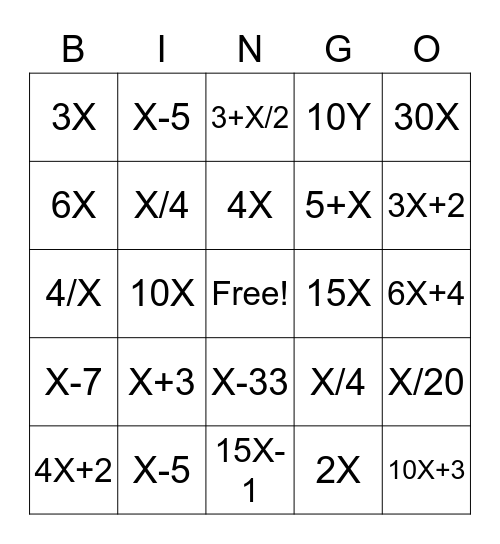 Math Bingo Card