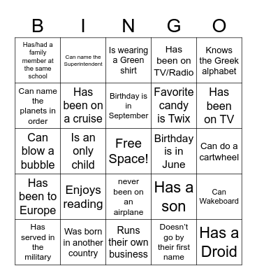 Get to Know You Bingo Card