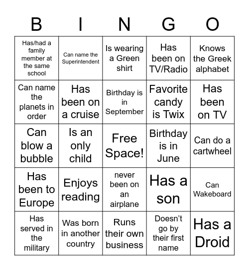 Get to Know You Bingo Card