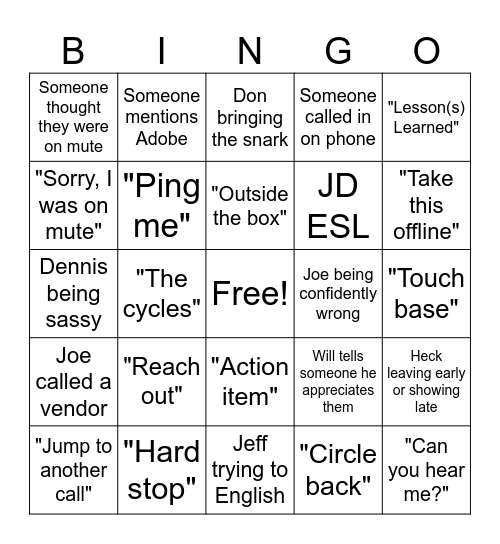 Infrastructure Team Meeting Bingo Card
