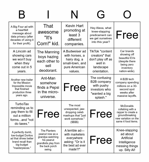 2023 Super Bowl Ads Bingo Card