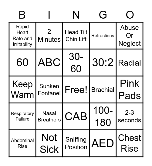 Pediatric PAT Cardio Airway CPR Bingo Card