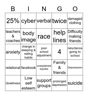 Bullying Bingo Card