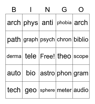 LATIN/GREEK ROOT WORDS Bingo Card