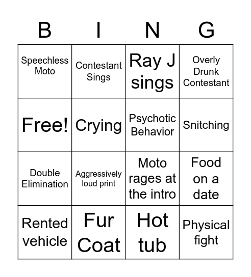 For the Love of Ray J Bingo Card