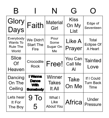 80's Music Bingo Card