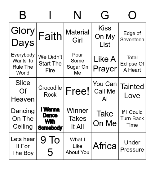80's Music Bingo Card