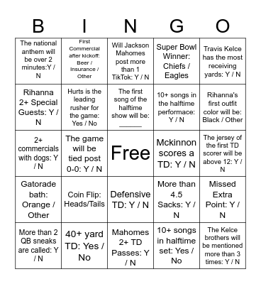 Super Bowl LVII Bingo Card