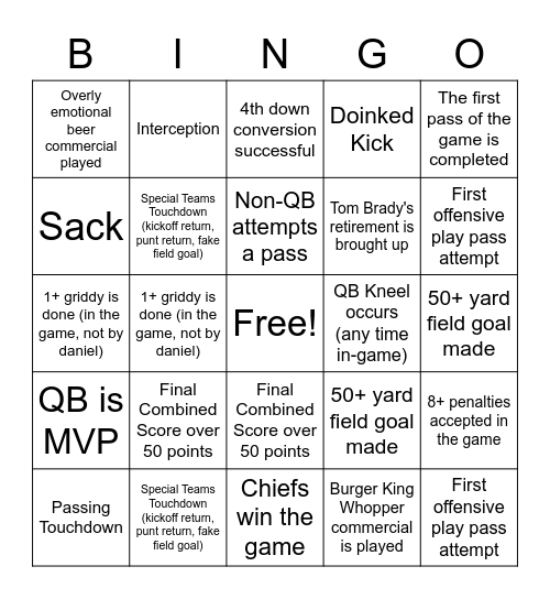 Superbowl Bingo Card