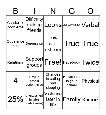 Bullying Bingo Card