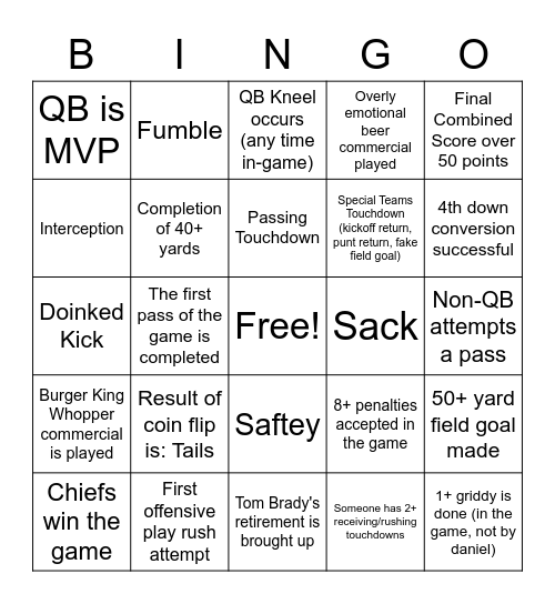 Superbowl Bingo Card