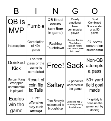 Superbowl Bingo Card