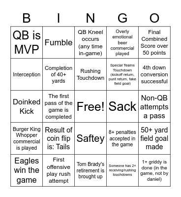 Superbowl Bingo Card