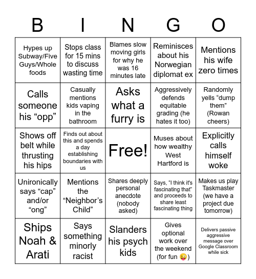 Boucher Bingo - G Bingo Card