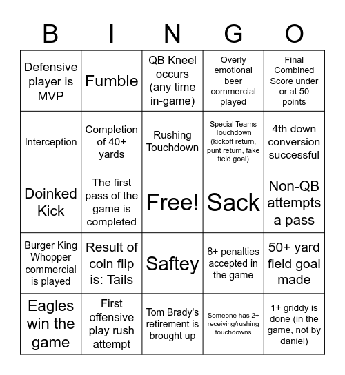 Superbowl Bingo Card