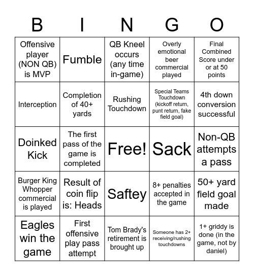 Superbowl Bingo Card