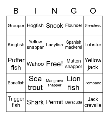 Saltwater Fish Bingo Card