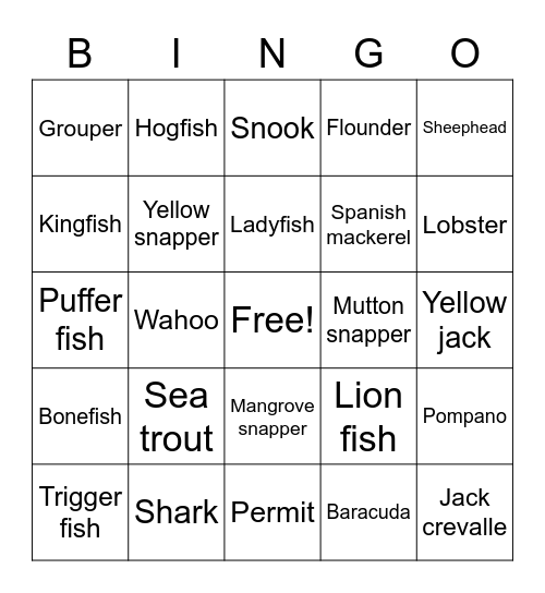 Saltwater Fish Bingo Card