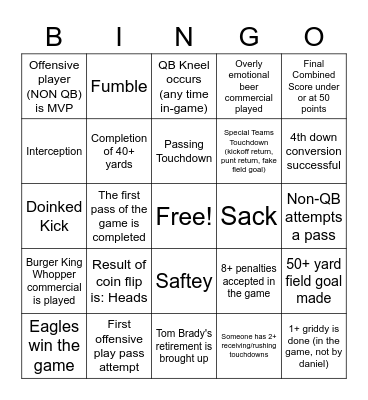 Superbowl Bingo Card