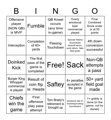 Superbowl Bingo Card