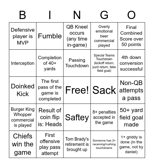 Superbowl Bingo Card