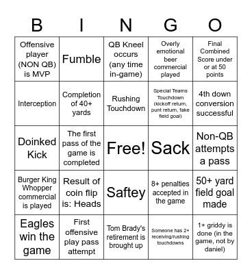 Superbowl Bingo Card