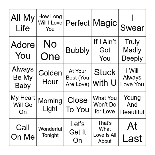 Valentine’s Day Love Songs Bingo Card