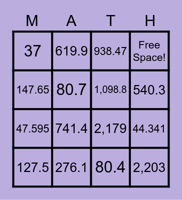 Add & Subtract- Decimals & Whole Numbers Bingo Card