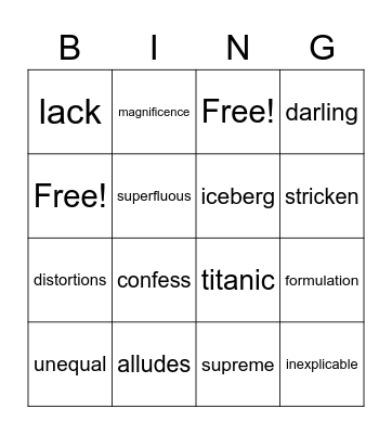 Titanic Vocabulary Bingo Card