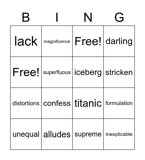 Titanic Vocabulary Bingo Card