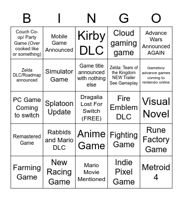 Nintendo Bingo Card