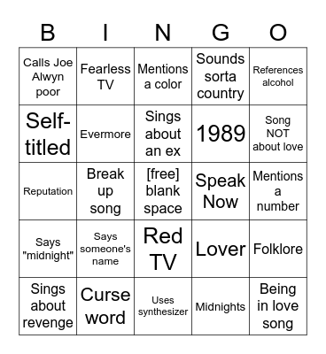 Taylor Swift Bingo Card